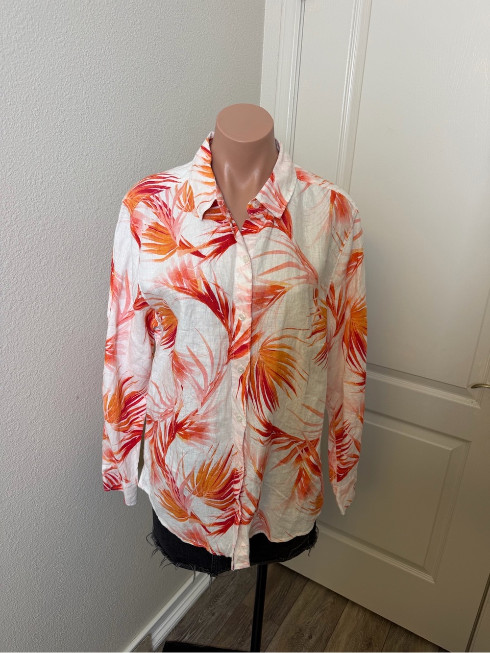 Tahari White Button-Down Shirt with Orange and Pink Tropical Leaf Print